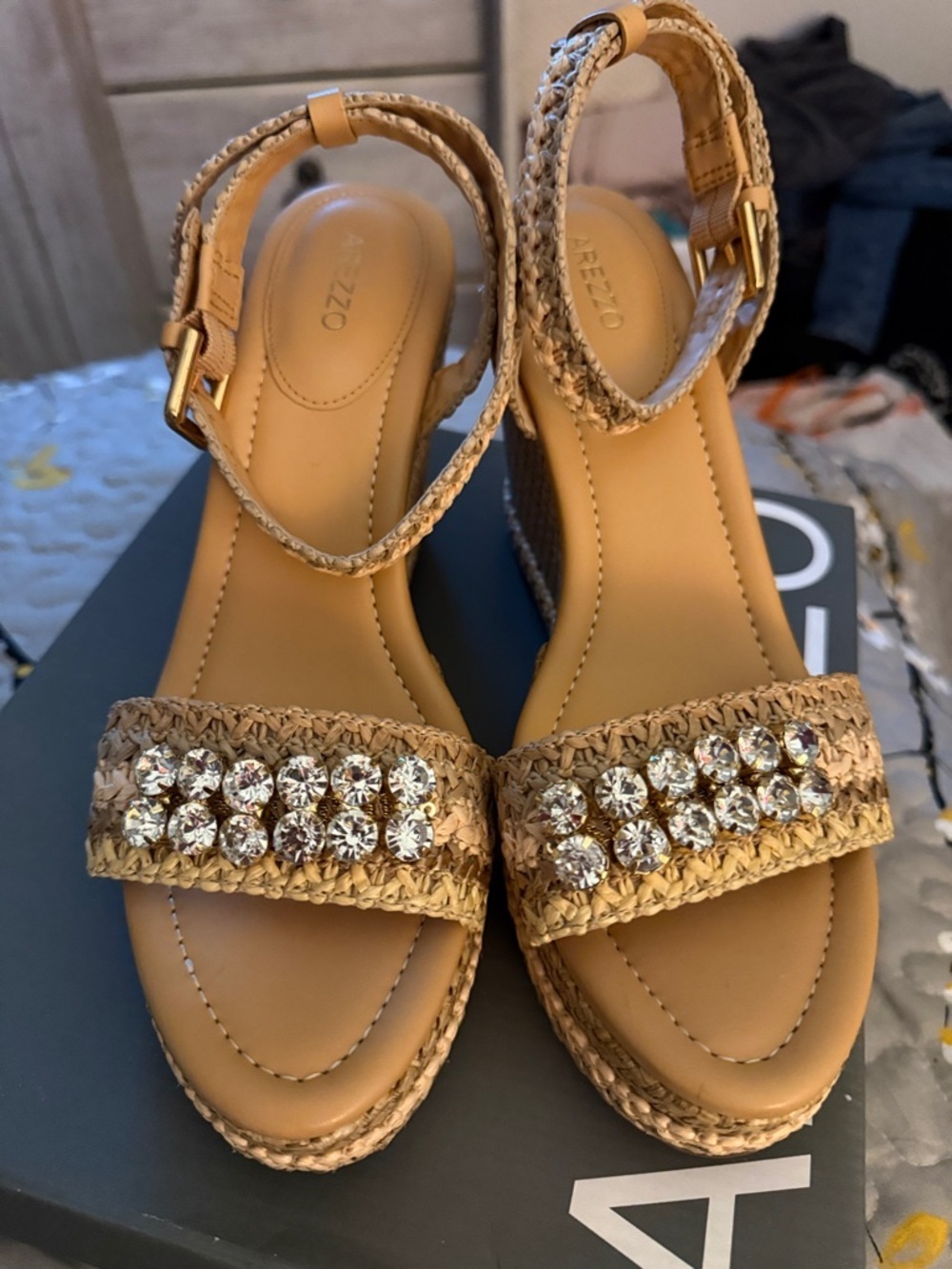 Braided Tan Wedge Sandals with Crystal Strap